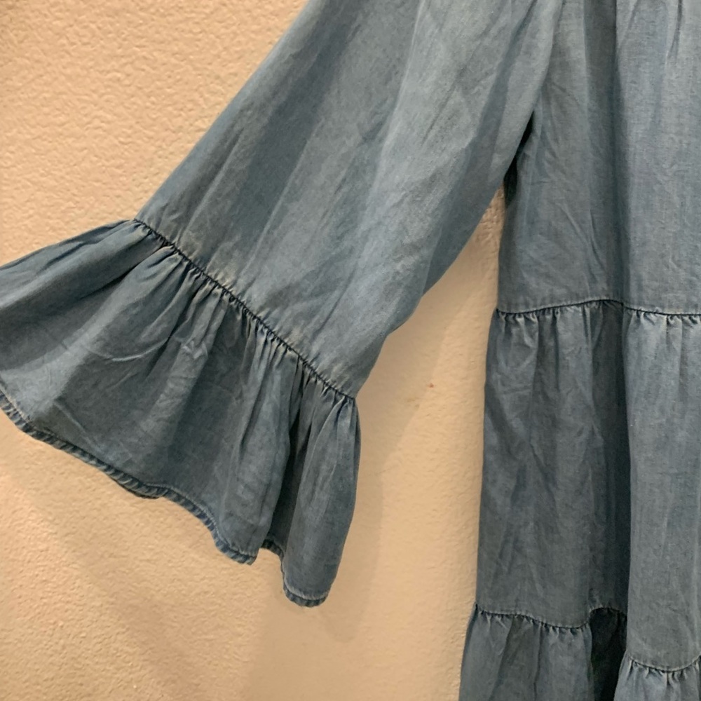 ZARA Premium Denim Collection Blue Chambray Dress Tiered Bell Sleeve-small - Picture 2 of 7